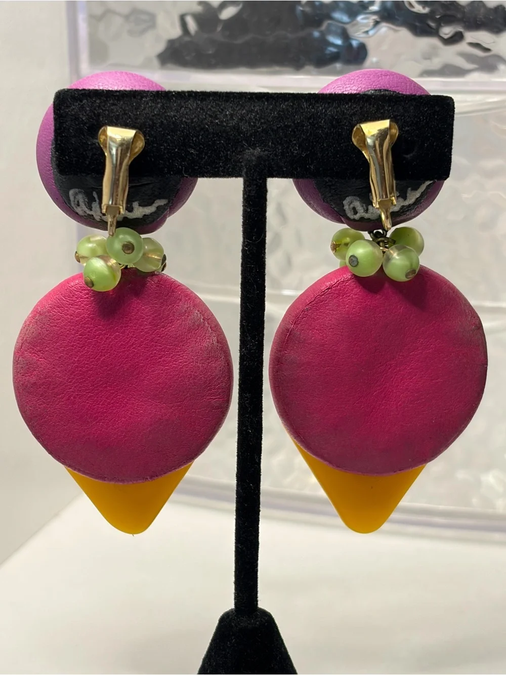 Epic Y2K ALL LEATHER Artisan SIGNED Chunky Statement Earrings Purple Pink Yellow